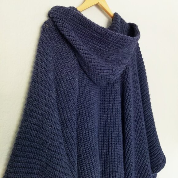 Free People Hooded Chunky Knit Oversized Poncho Ribbed Knit Pocket Navy Blue OS - Picture 14 of 16